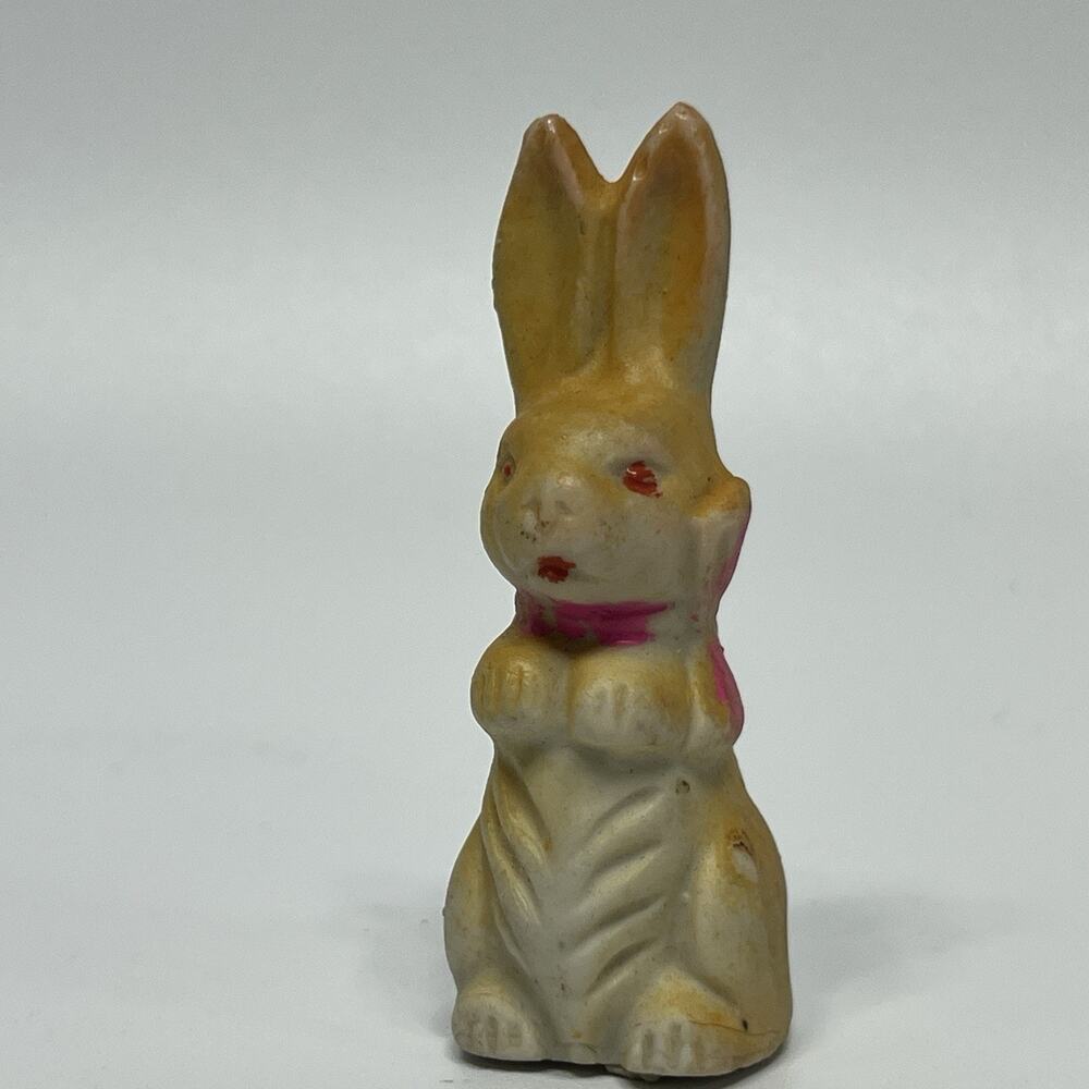 Vintage Bisque Porcelain Bunny Rabbit Figurine 3.5" Japan 1930s Pink Bow